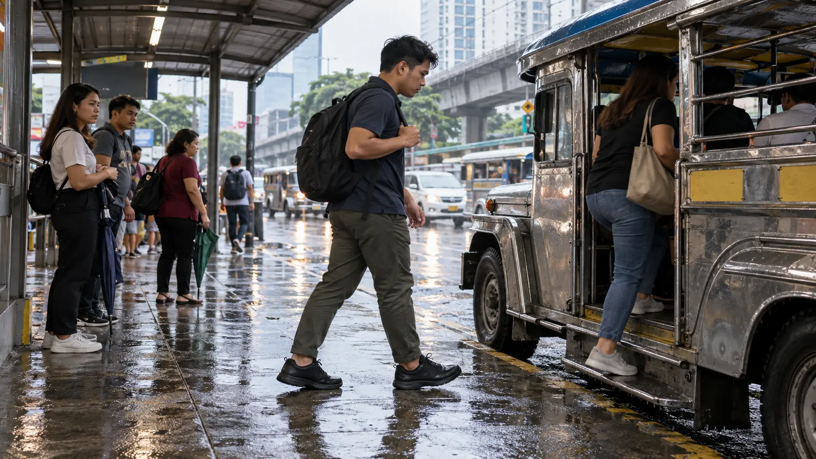 Fictional commuter wearing dark shoes at a covered jeepney stop after rain
