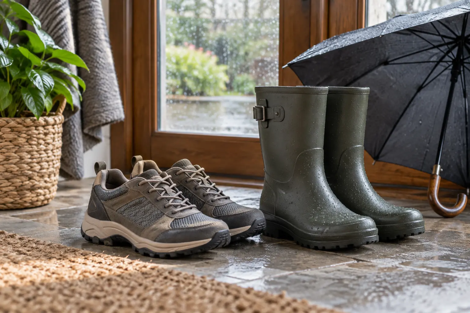 Fictional low walking shoe and taller rain boots placed beside an umbrella