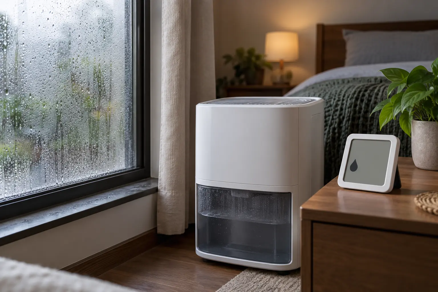 Humidity meter beside a dehumidifier in a damp bedroom