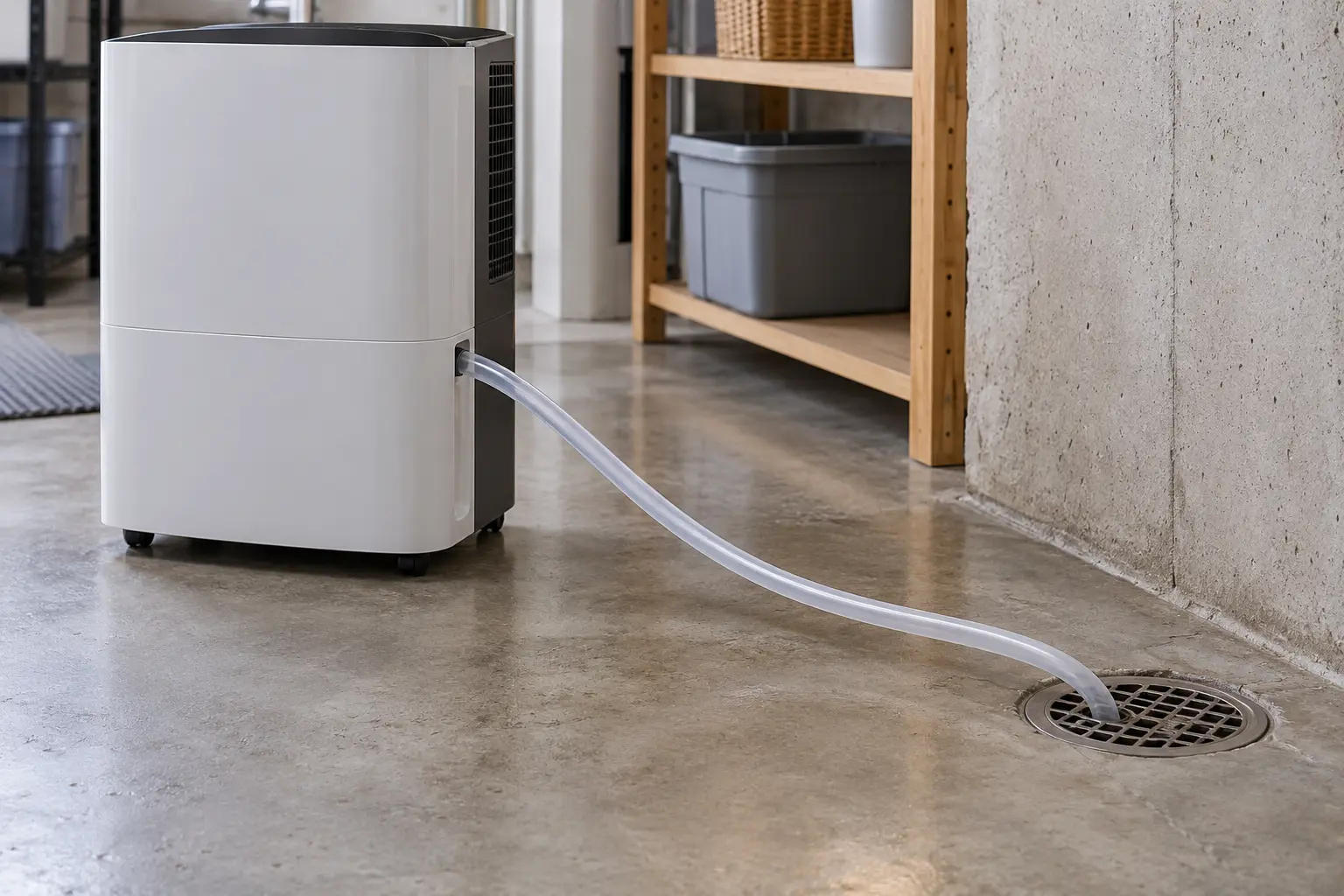 Continuous dehumidifier drain hose routed safely
