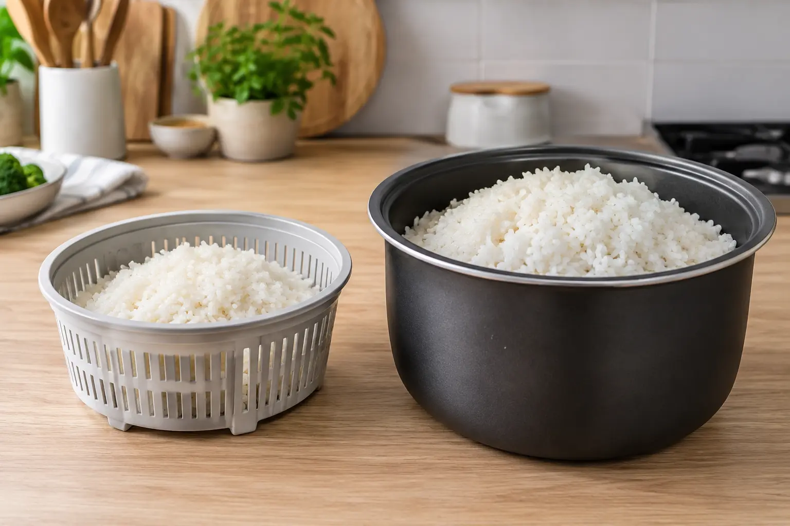 Comparison of regular rice-cooker pot and smaller low-carb basket
