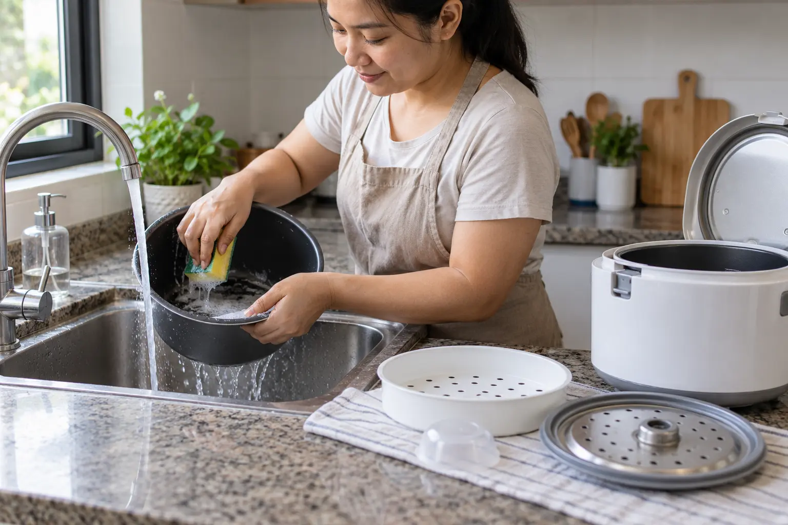 Cleaning removable low-carb rice-cooker basket and starch tray