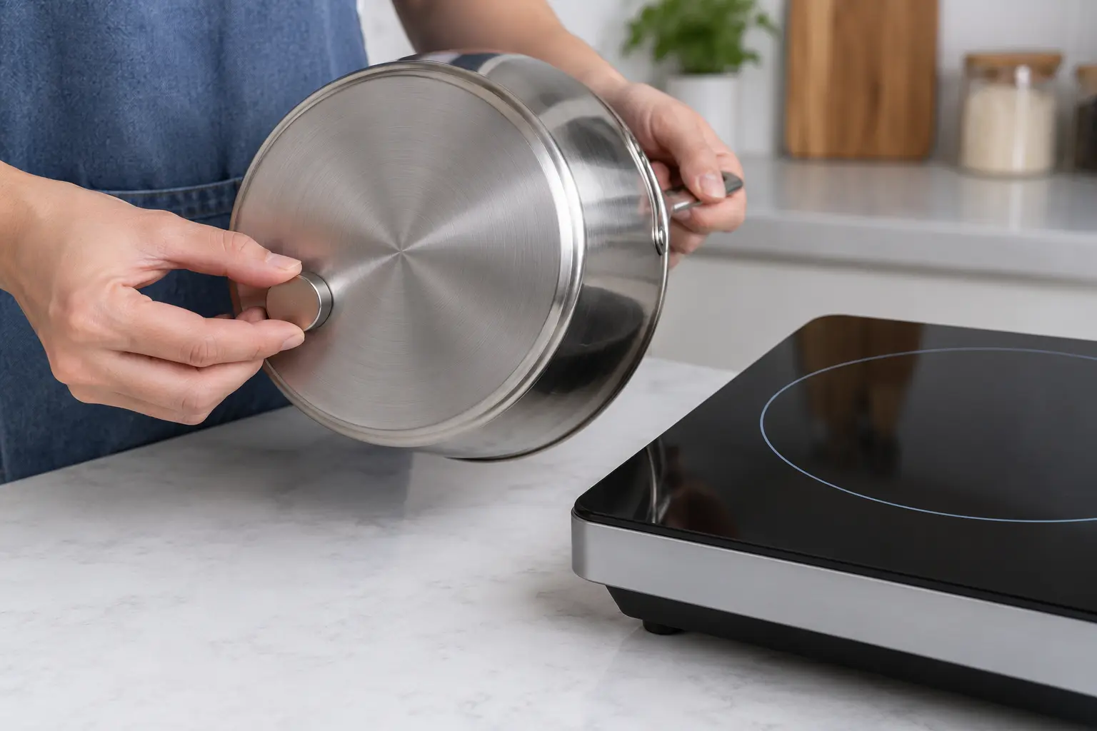 Checking a cookware base with a magnet beside an induction cooker