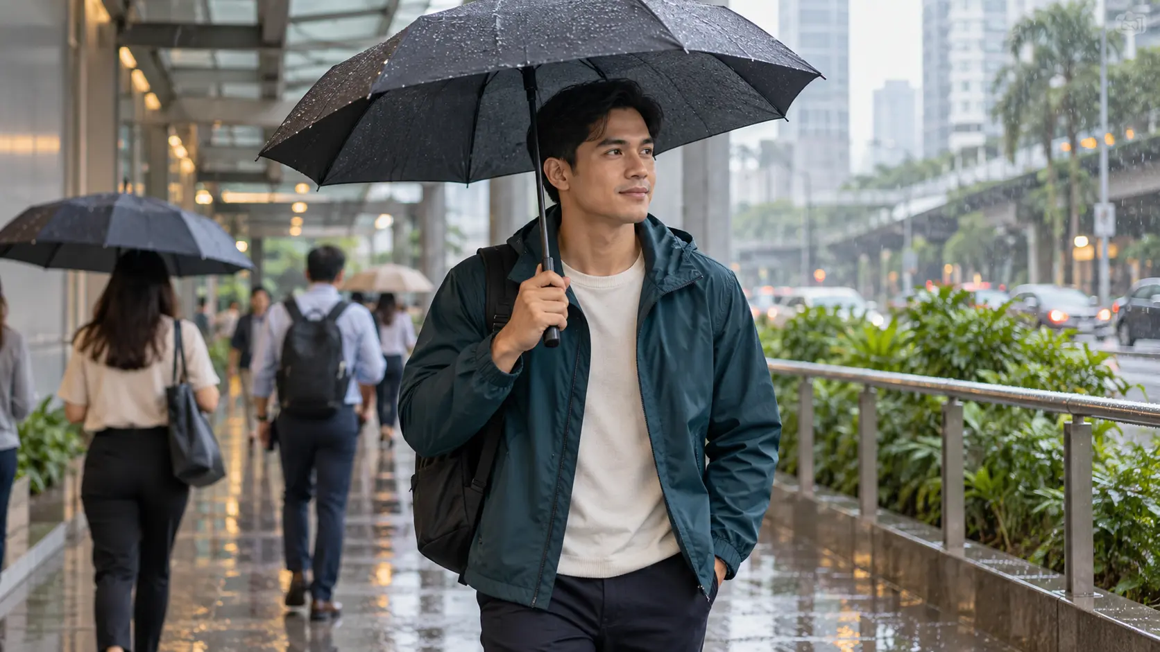 A commuter in a light jacket carrying an umbrella in rain