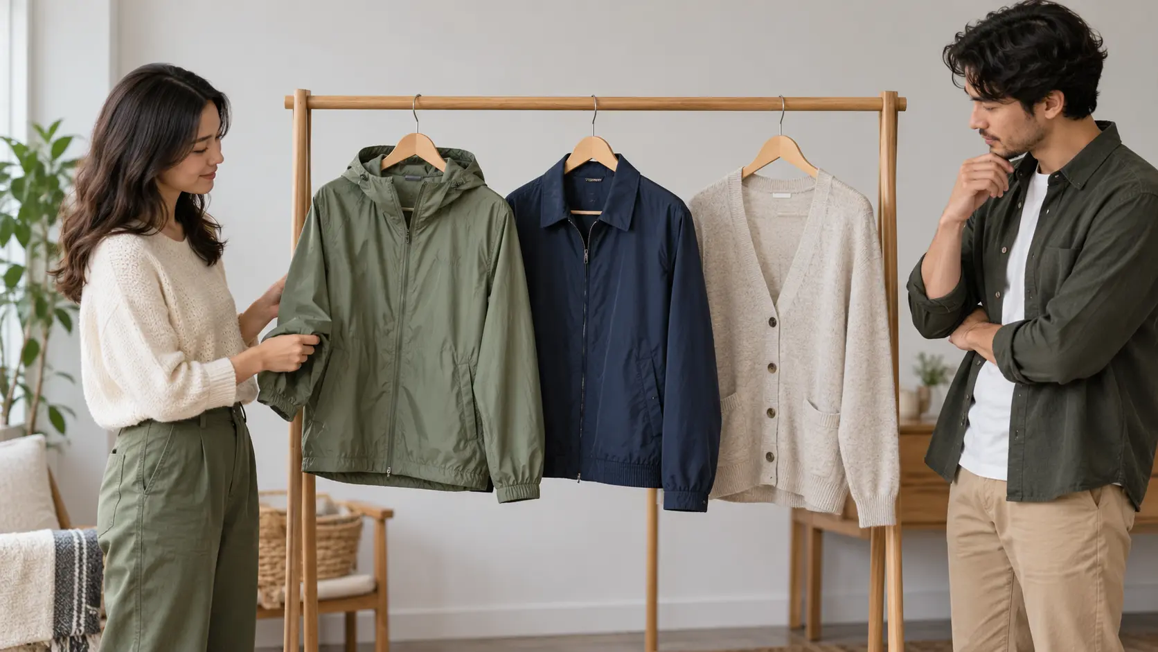 A rain shell casual light jacket and cardigan on hangers