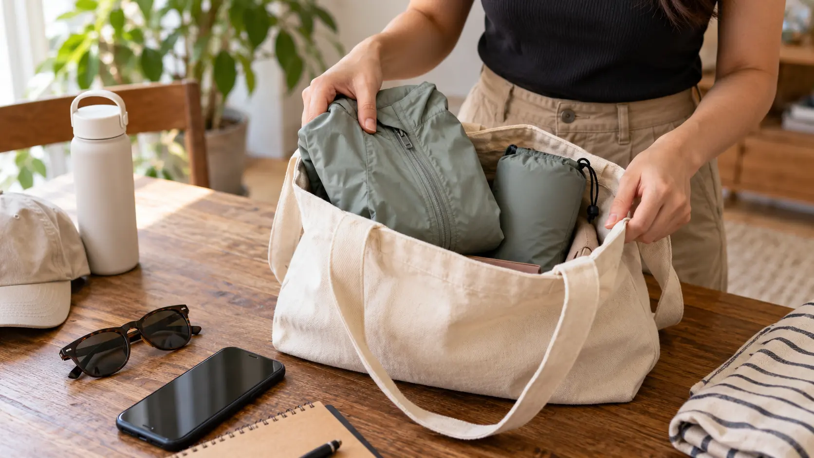 A folded jacket and pouch inside an open tote