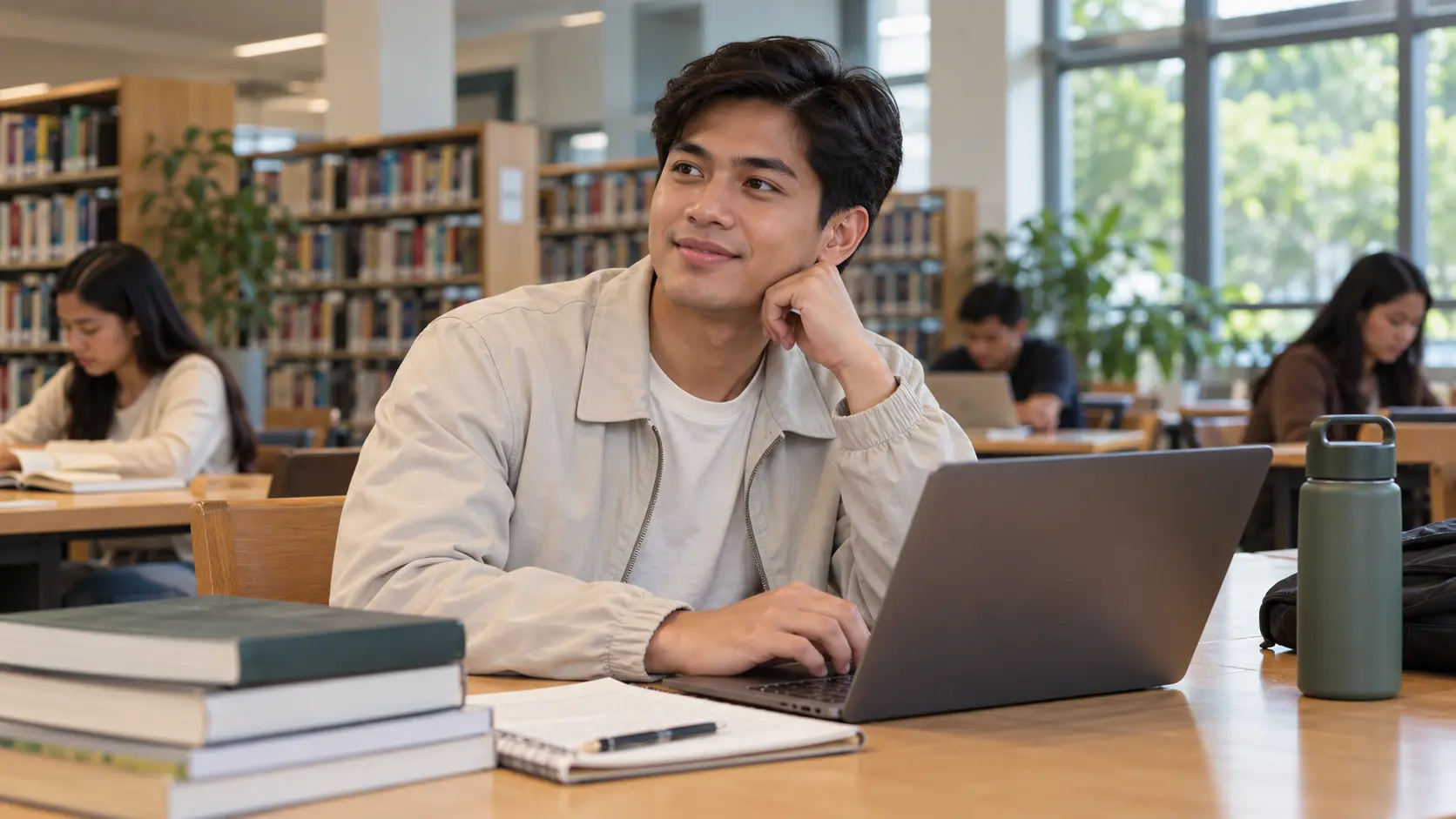 A student wearing a soft light jacket in a library