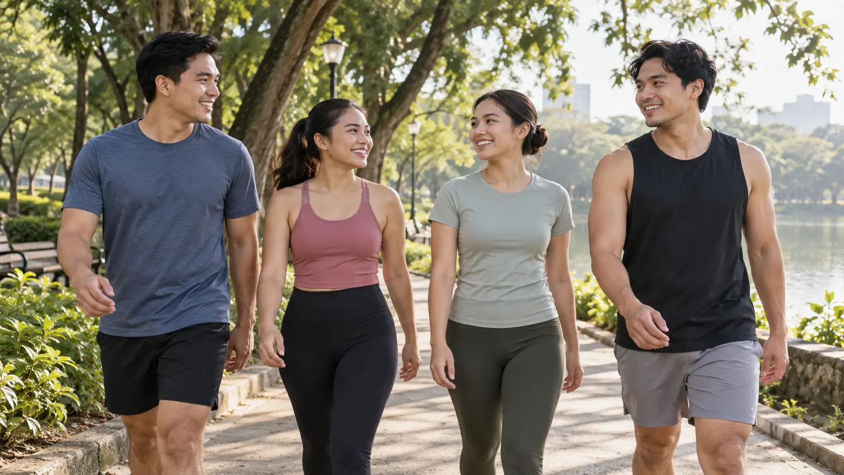 Adult friends walking in plain activewear at a park