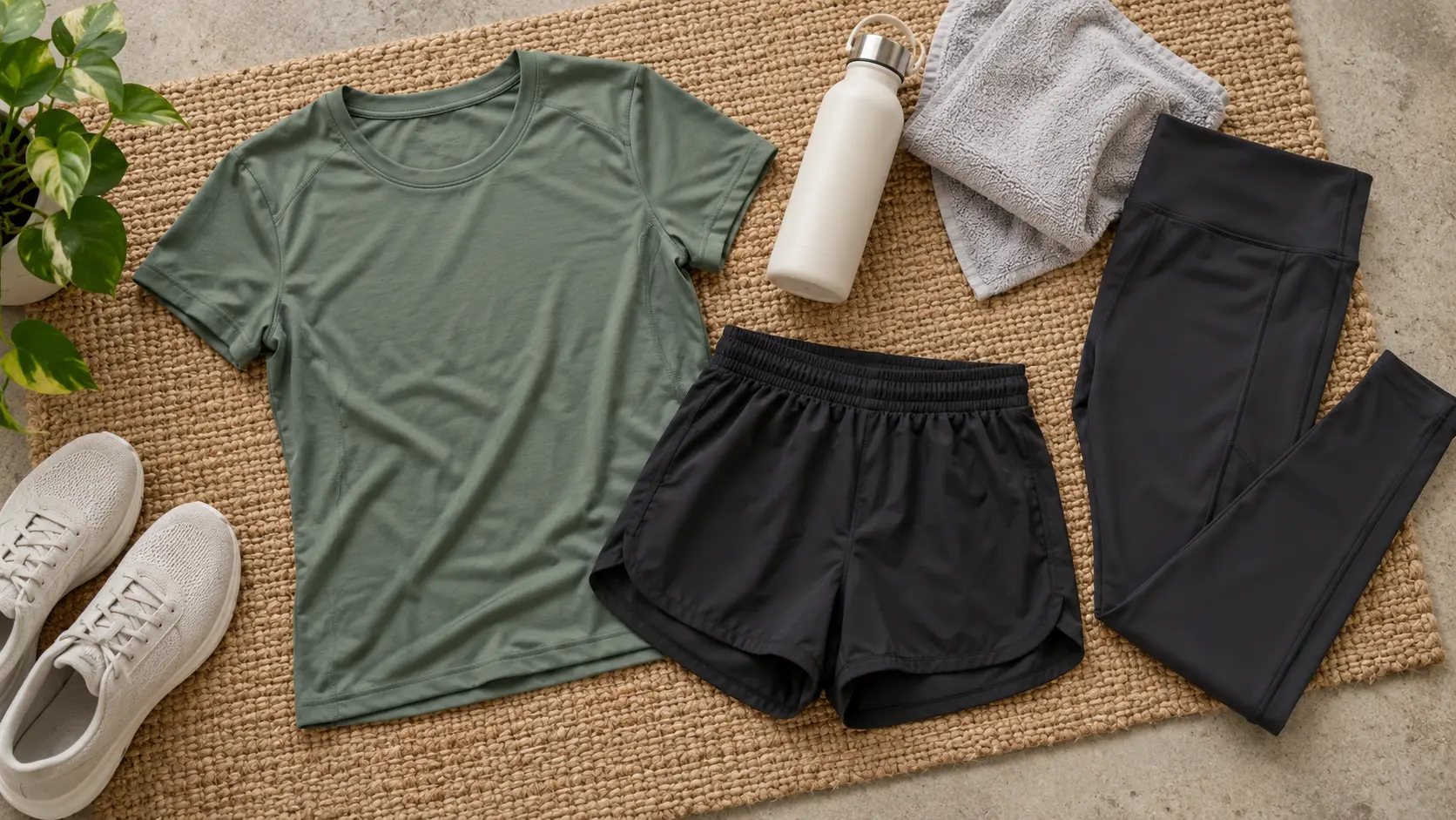 Exercise shirt shorts leggings towel and bottle laid flat