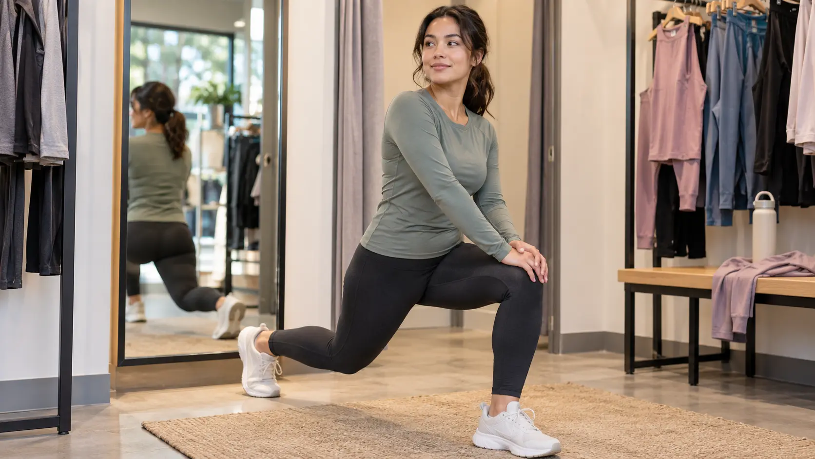 An adult checking movement in plain exercise clothing