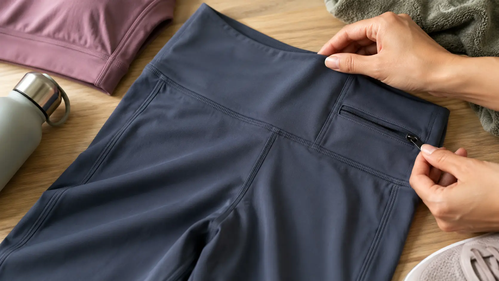 Activewear waistband seam and pocket details