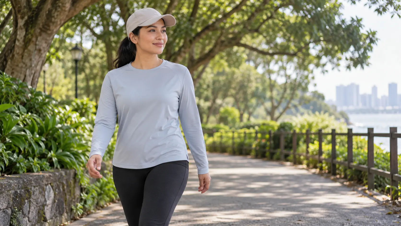 A walker wearing light long sleeves and a cap