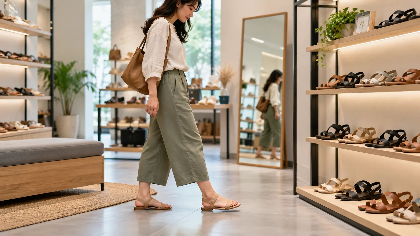 A shopper walking in sandals in a store