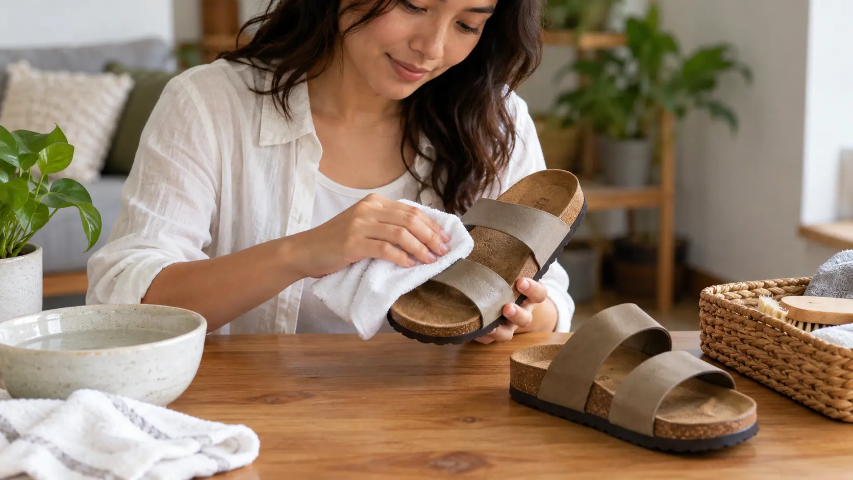 Sandals being wiped with a cloth at home