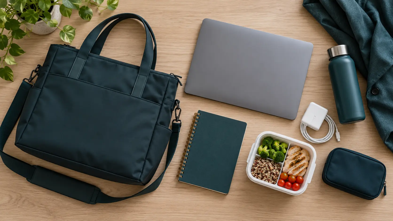 A work bag beside a laptop notebook bottle and lunch