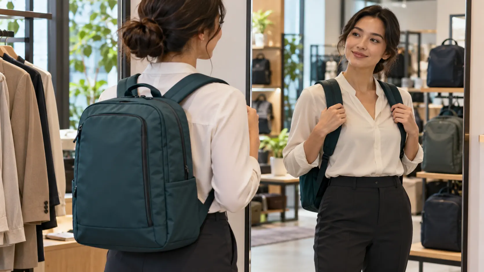 A shopper trying a backpack with office clothes