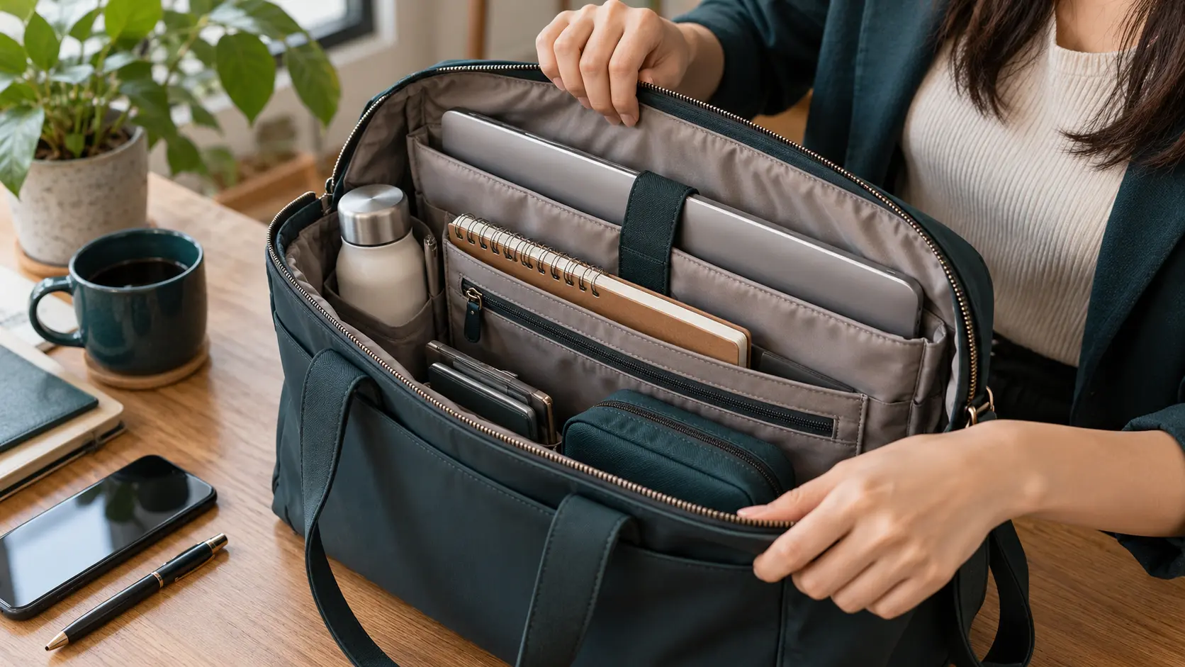 An open work bag with generic compartments