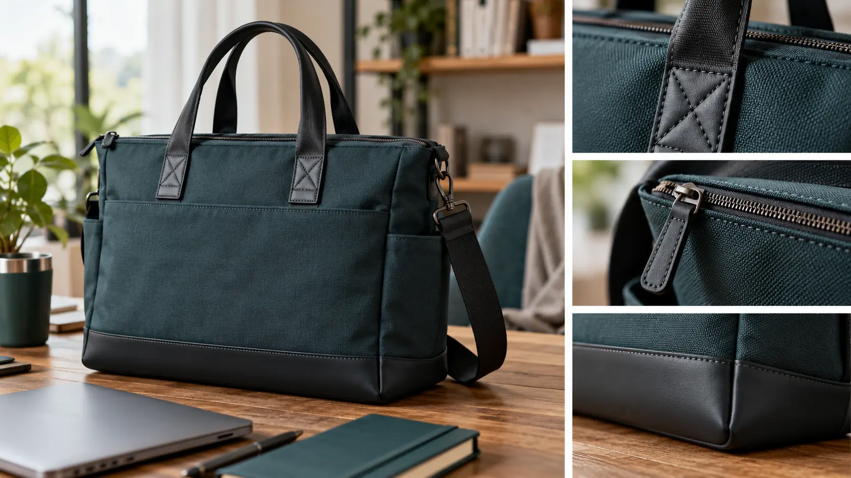 Work bag handles zipper and base details