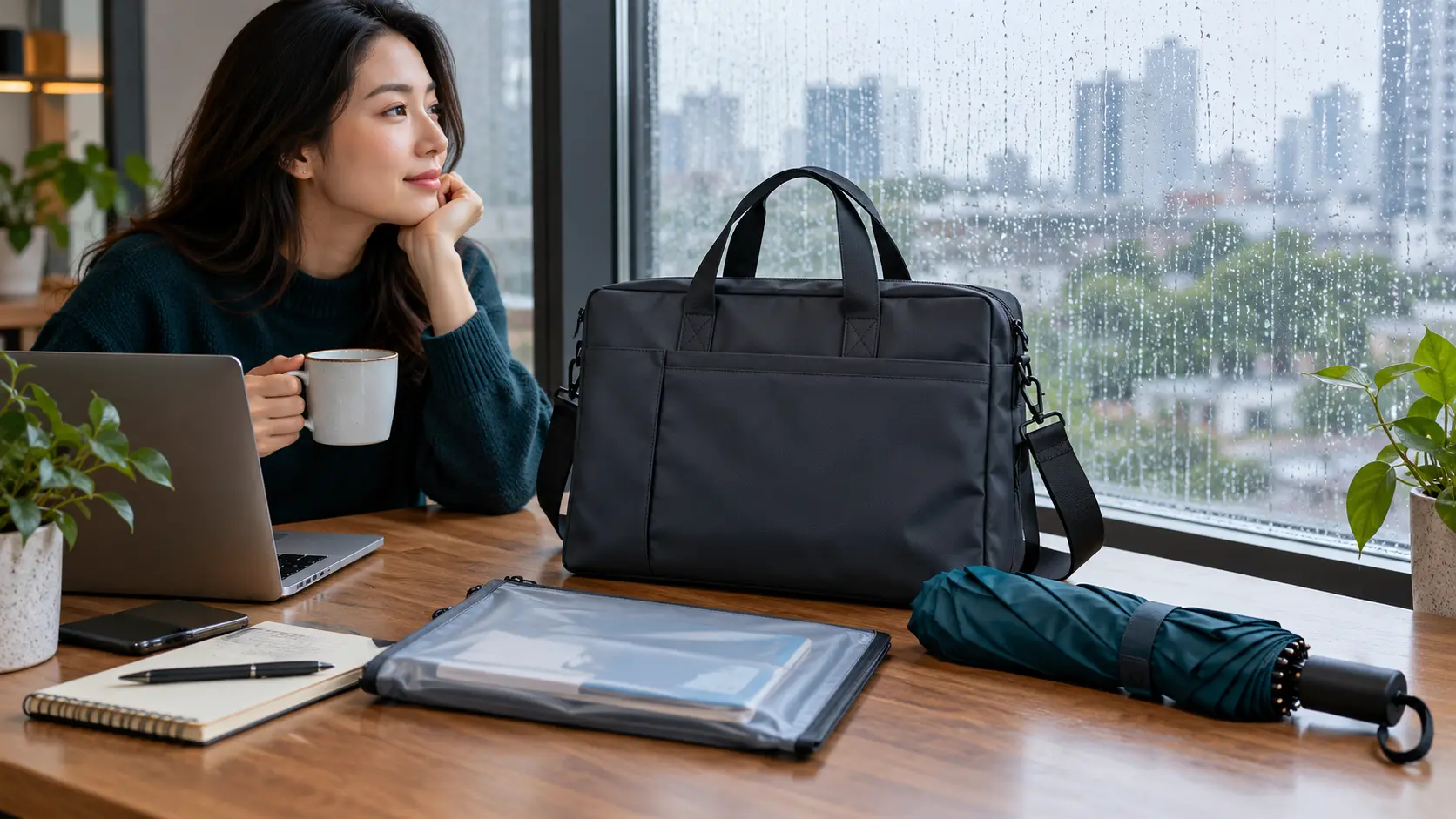 A work bag umbrella and document pouch by a rainy window