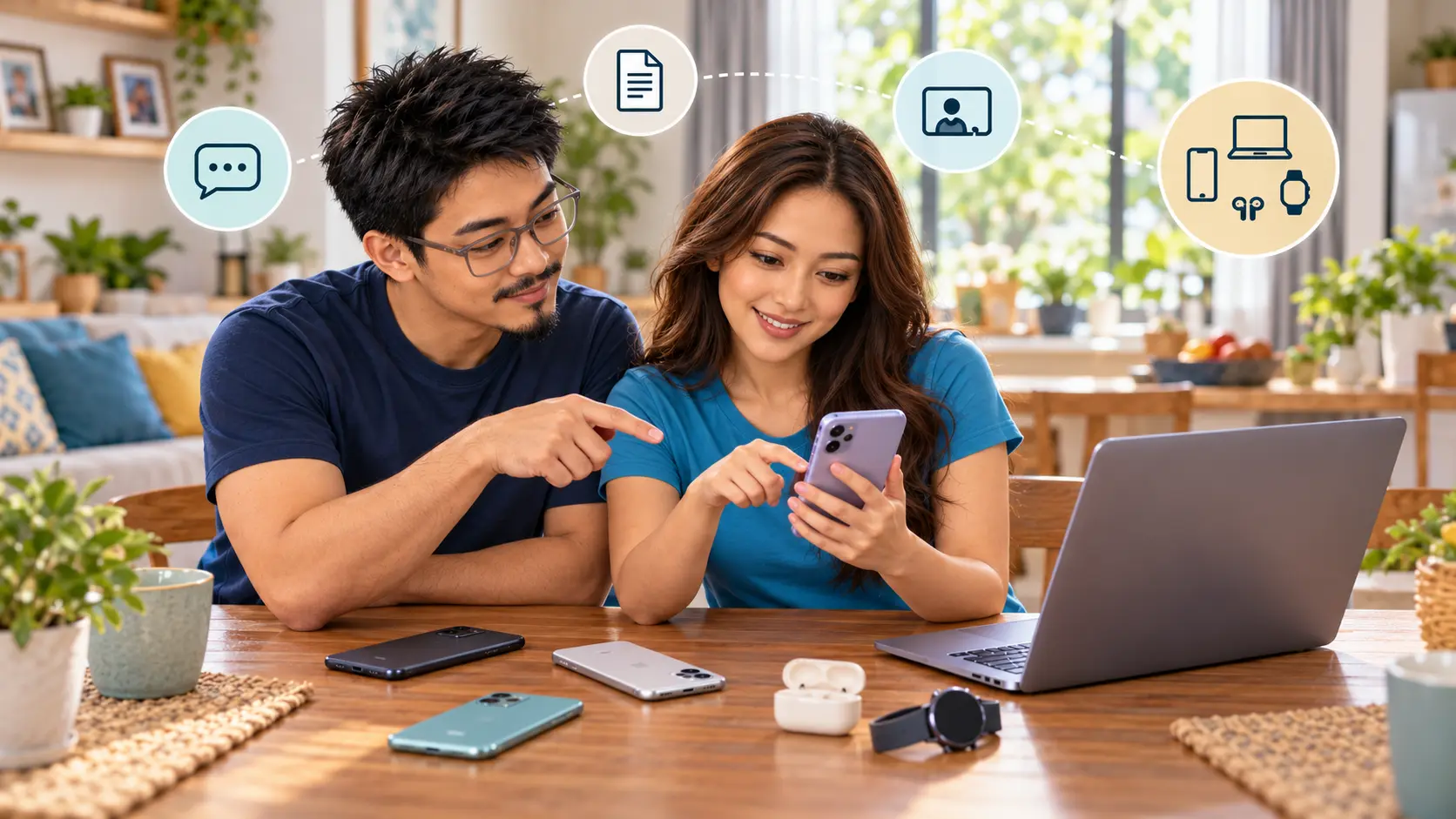 Diokno and Marikit compare fictional phones alongside a generic laptop earbuds and smartwatch