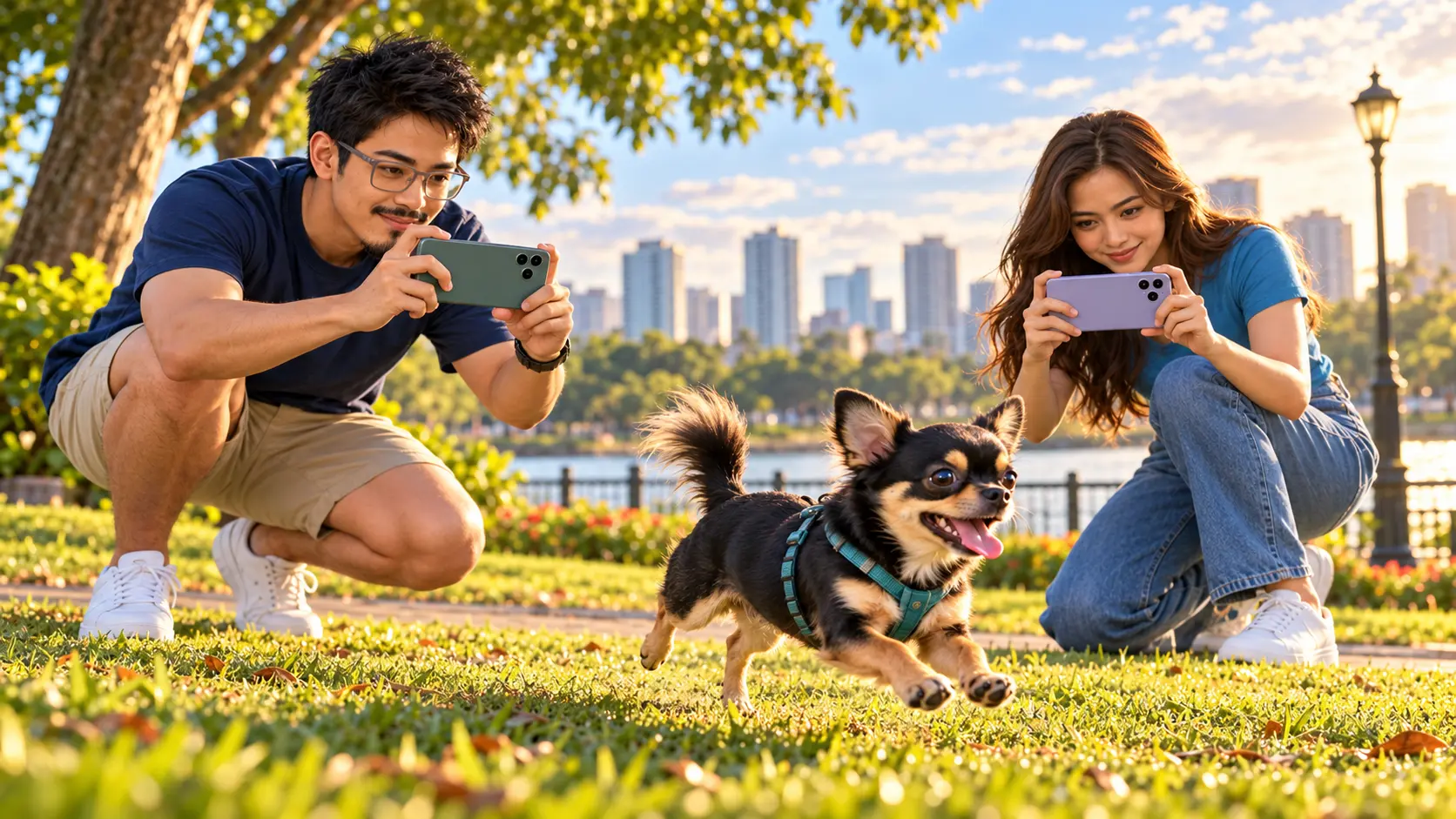 Diokno and Marikit use fictional phones to photograph a moving black and tan Chihuahua without showing camera samples