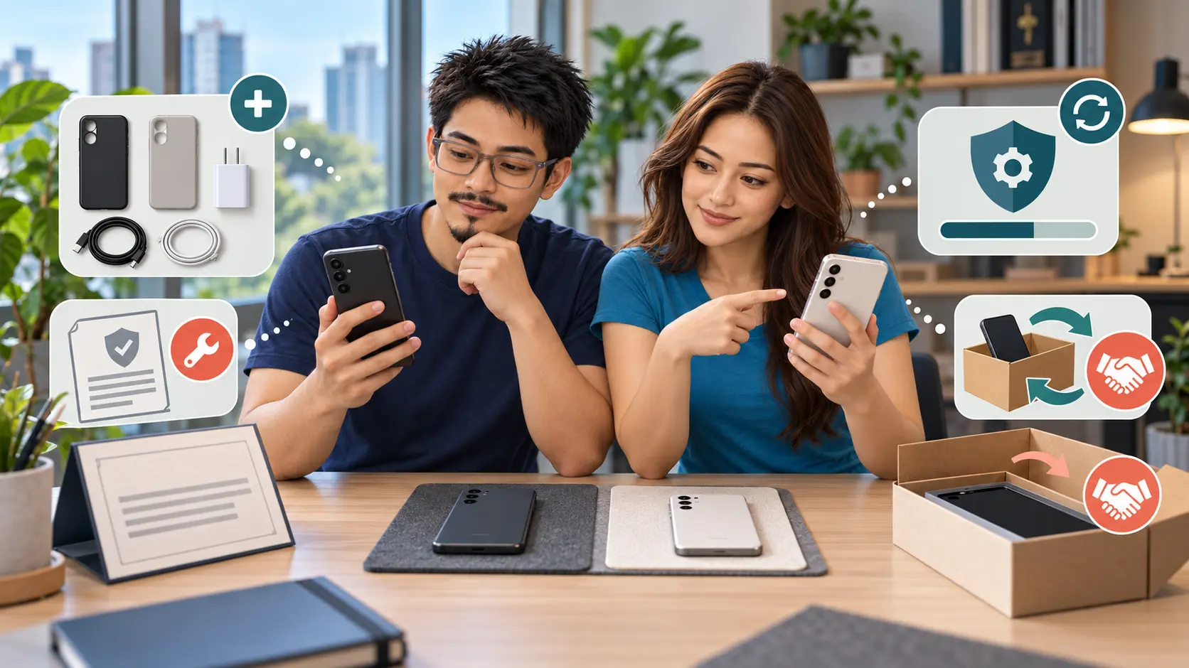 Diokno and Marikit compare fictional phones with generic accessories repair tools support icons and a resale box